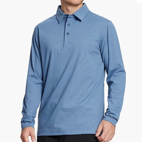 Golf Shirt Long Sleeve Casual Performance Dry Fit Embossed Polo Shirt, Blue - Picture 1 of 6